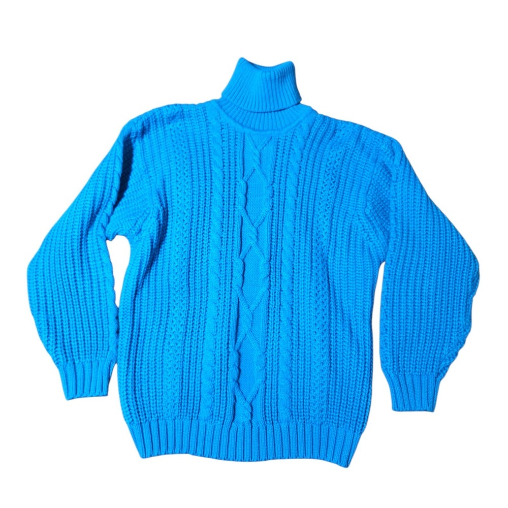 Vintage Woods & Gray Acrylic Cable Knit Turtleneck Sweater Large Turquoise Blue‎
